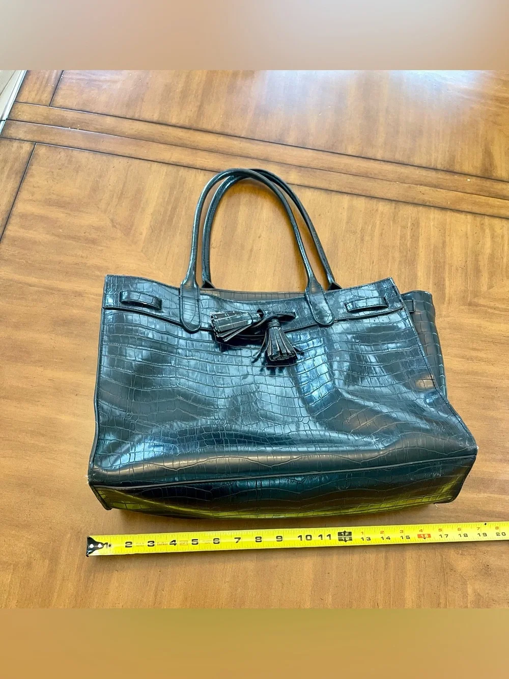 Bueno Black Croc-Embossed Tote with Tassel Accent